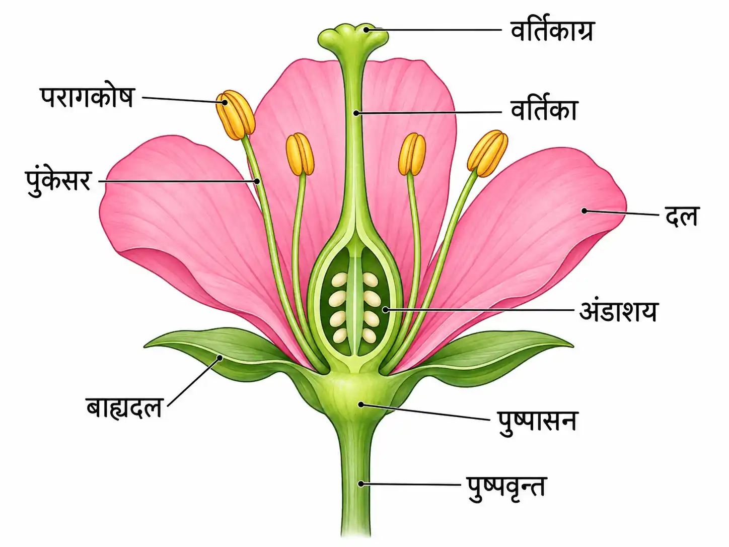पुष्प के विभिन्न भागों का नामांकित चित्र