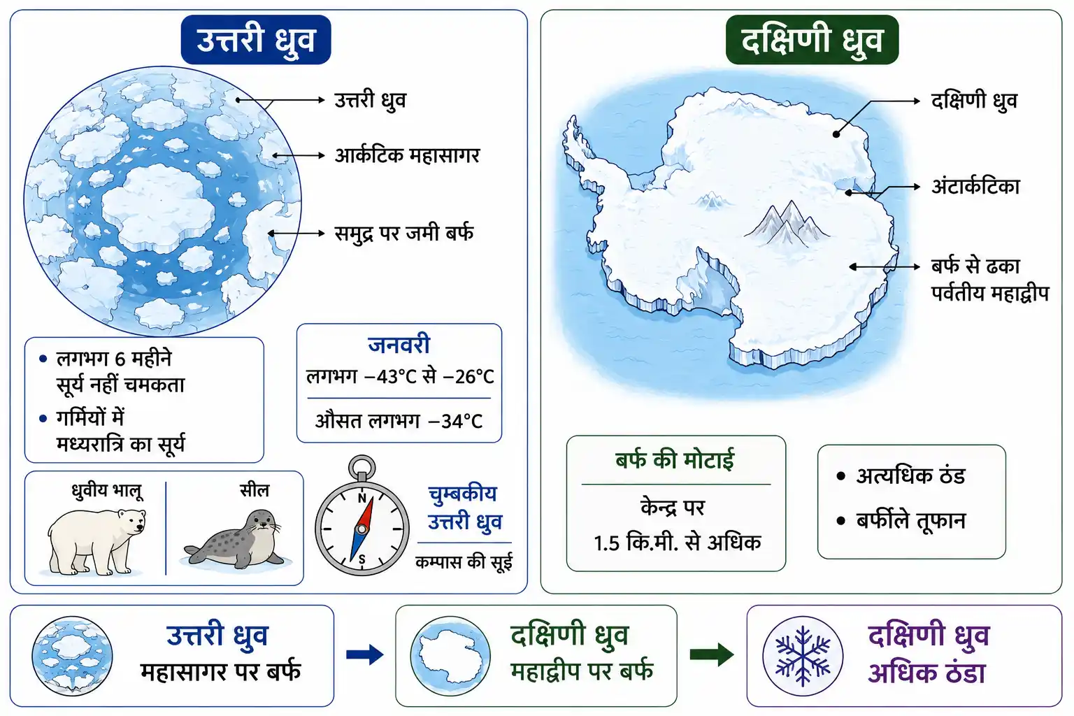 उत्तरी ध्रुव आर्कटिक और दक्षिणी ध्रुव अंटार्कटिका की तुलना