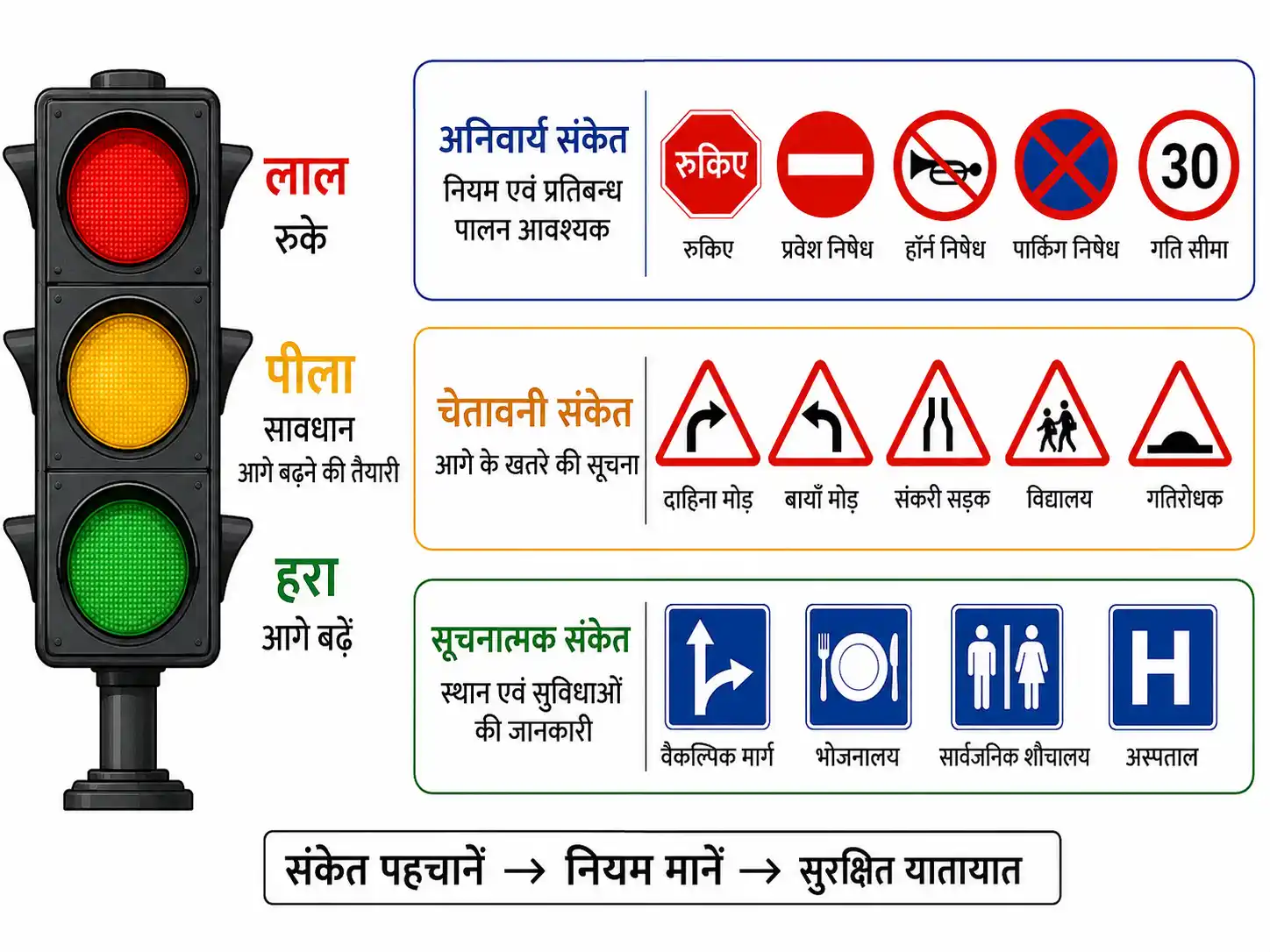 ट्रैफिक लाइट और यातायात संकेतों के तीन प्रकार